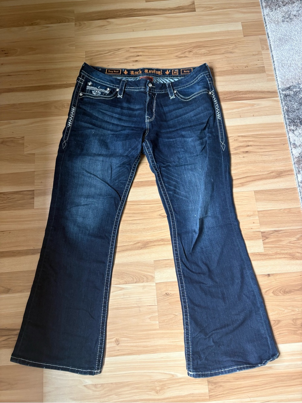 Rock Revival Dark Blue Flared Jeans with Contrast Stitching